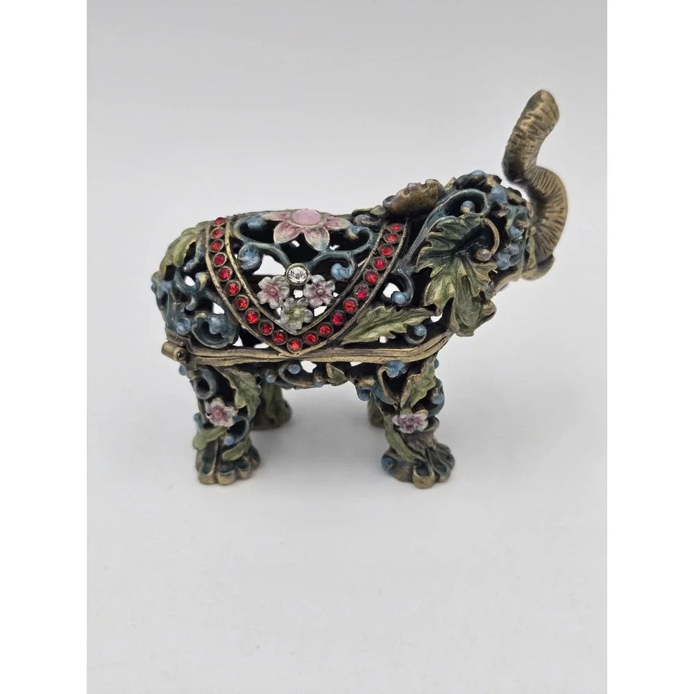 Elephant Ornate Hinged Trinket Box Figurine With Jewelry Charm Jeweled Enamel